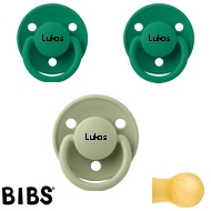 Bibs de Lux sutter med navn (1 Sage, 2 Evergreen) Runde Latex str.2, 3 pack